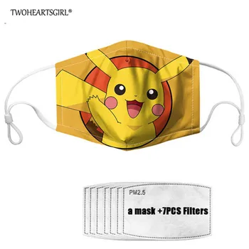 

TWOHEARTSGIRL Anime Pokemon Pikachu Printed Adults Kids Dustproof Face Mask Reusable Mouth Mask with 7 Activated Carbon Filter