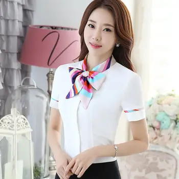 

2020 Spring Summer Women's Blouse Office Lady Office bow tie solid blusa Tops Elegant Sexy Chiffon blouses