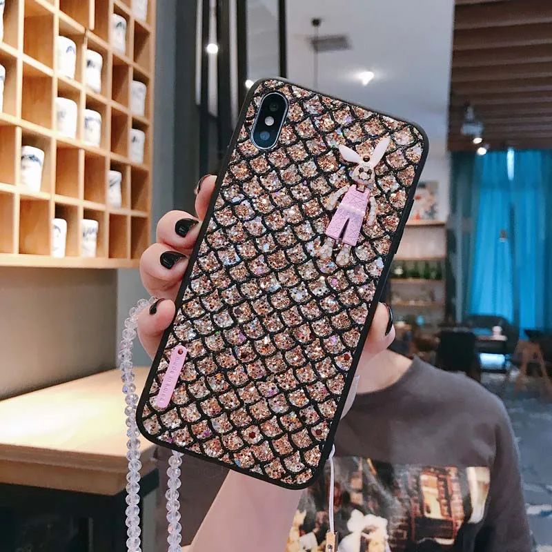 Gold Чехол с розовым кроликом на шею для iPhone 11 Pro Max Xs Max Xr X 7 6 8 6s Plus, защитный чехол для мобильного телефона - Цвет: Gold