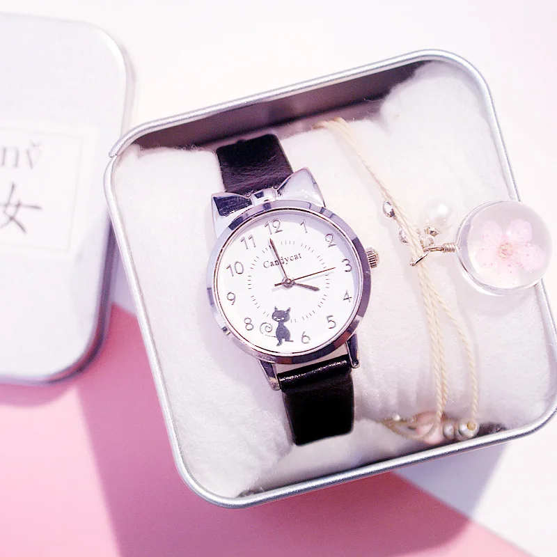 Miss Black Cat часы для женщин модные повседневные часы с кожаным ремешком для девочек милый Кот Циферблат форма Розовые наручные часы
