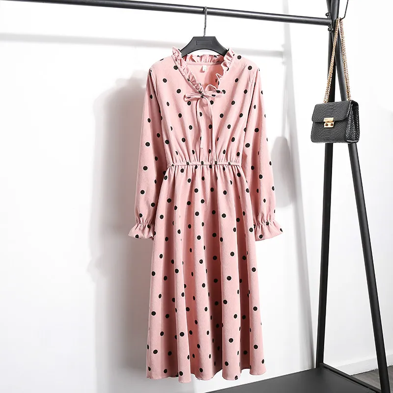 Corduroy Plus Size Dress High Waist Ruffled Floral Print Women Dress Casual A-line Ladies Chic Autumn Office Dress Print Dress