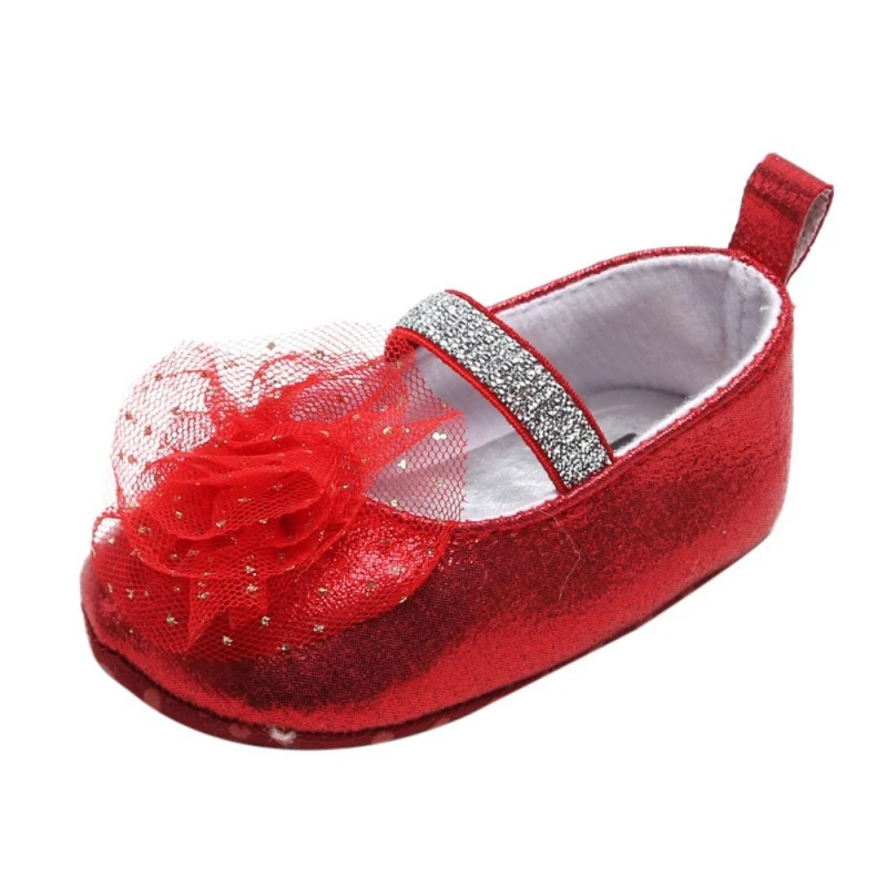 Обувь принцессы для маленьких девочек Яркая обувь из искусственной кожи с цветком детское платье с бантом мягкая осенне-Весенняя красная обувь для первых шагов 0-18M