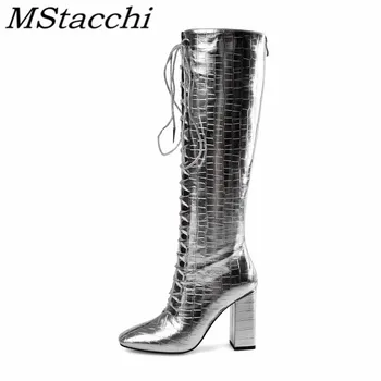 

Mstacchi Big Size 33-43 Crocodile Print Patent Leather Women High Heel Boots Cross-tied Fashion Sexy Ladies Shoes Botas De Mujer