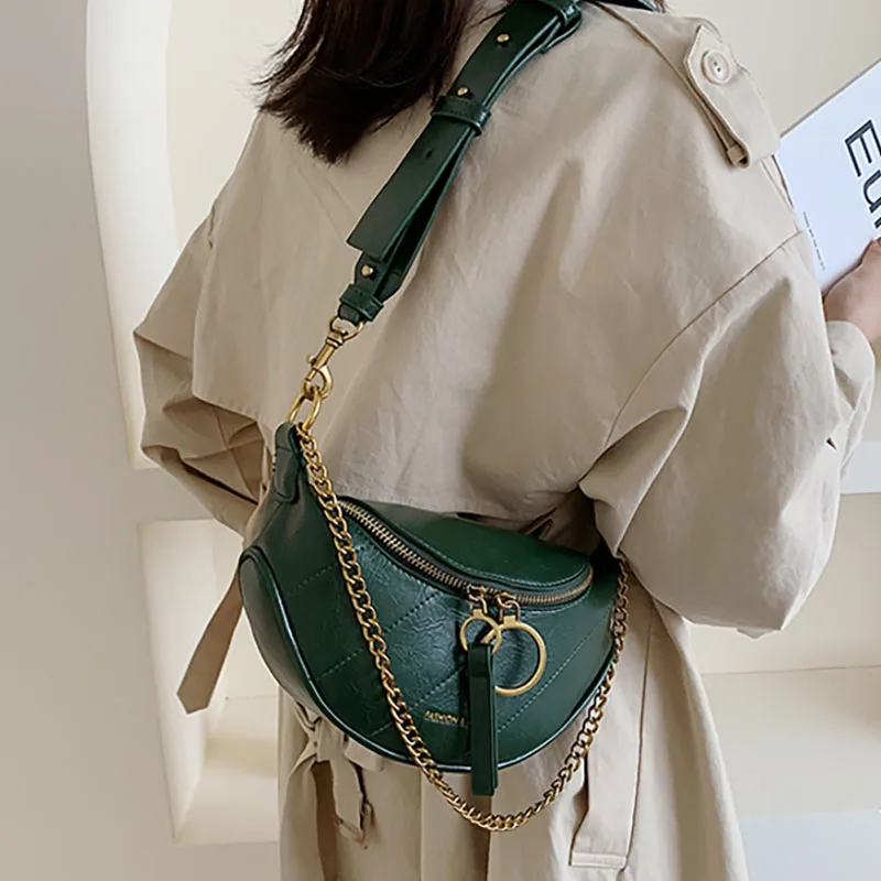

ETAILL Women Waist Bag with Chain Ladies Designer Pu Leather Fanny Pack Fashion Green Money Phone Chest Bag Female Bum Belt Bag