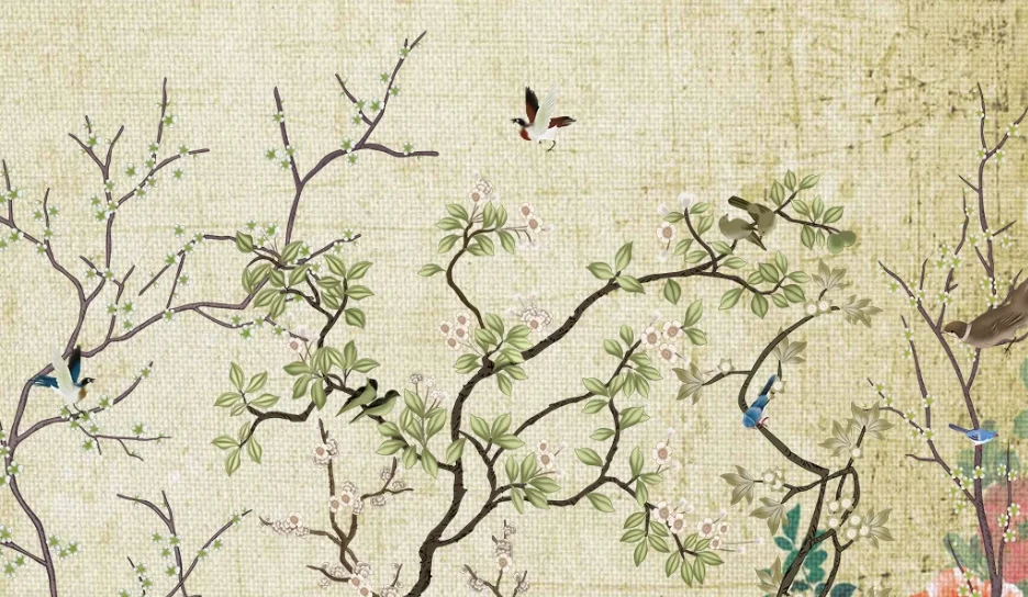 Пользовательские обои настенные фото стены китайский цветок и птица фон стены-высококачественный водонепроницаемый материал