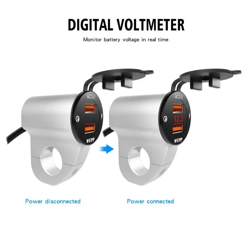 Металлический 12V мотоциклов Водонепроницаемый QC3.0 Dual USB быстрой Зарядное устройство Светодиодный переключатель вольтметра