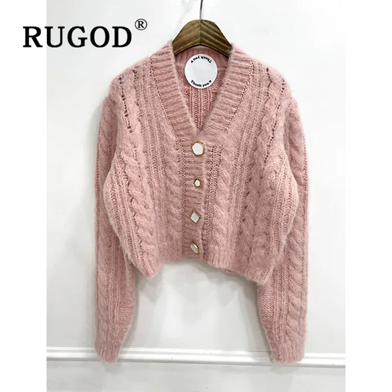 RUGOD вязаный кардиган с v-образным вырезом, однотонный укороченный свитер, женские свитера, Зимние Топы для женщин, Вязанная одежда, модный твист узор, повседневный