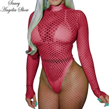 Сексуальный розовый красный сетчатый купальник с длинными рукавами, женский слитный купальник с высокой талией, боди, стринги, купальные костюмы, женские Монокини, S-XL