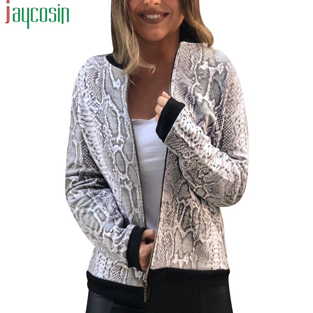 

Women Sports Jacket Snake Print Zipper Plus Size Baseball Jacket Loose Long Sleeve Female Coat O Collar Casual Ladies Tops