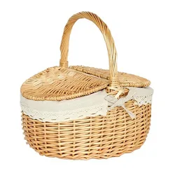 Handmade Large Wicker Basket with Handle Picnic Willow Woven Storage Hamper outdoor Camping Picnic Fruit Basket Container