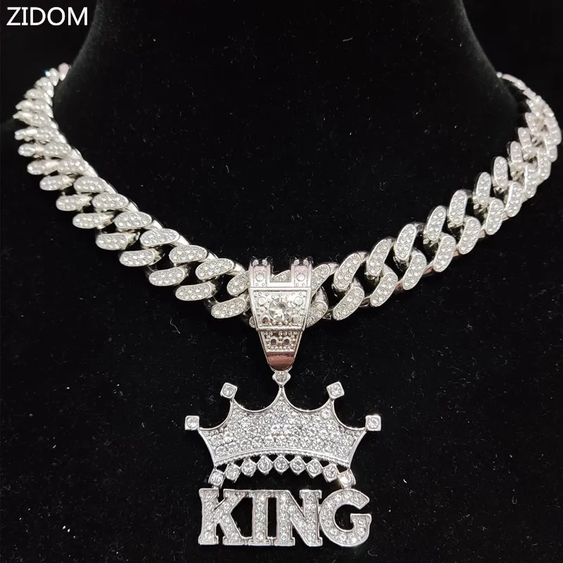 Men Women Hip Hop Crown with King Pendant Necklace 13mm Cuban Chain HipHop Iced Out Bling Necklaces Fashion Charm Jewelry | Украшения и