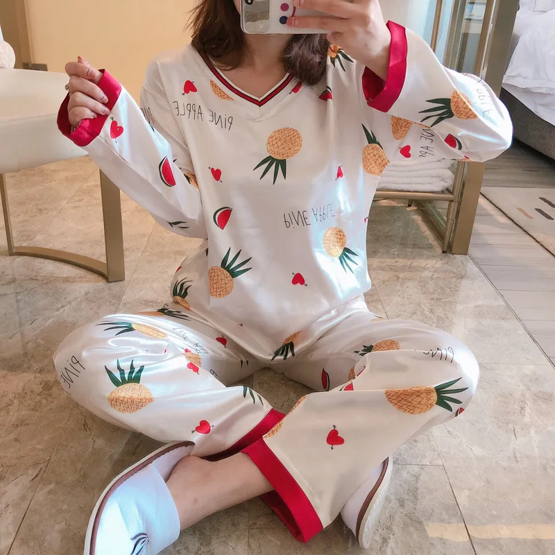 

Pajamas Women's Spring And Autumn Long Sleeve Viscose Cute V-neck Pineapple Two-Piece Set Korean-style Students Silk Thin Home W