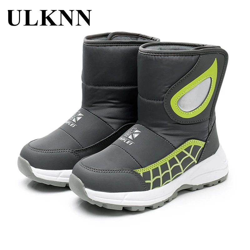 

ULKNN Infantil Warm Non-slip Student Gray Sport Boats Children's Snow Boots Girls Shoes Winter Waterproof Baby Thick Plush Bota