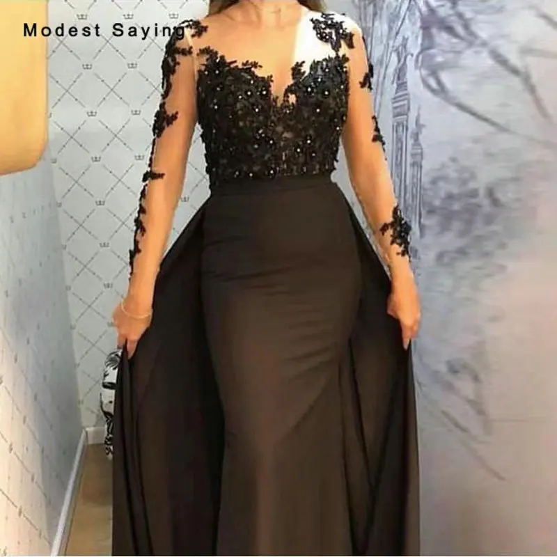 ^*Best Offers Elegant Black Mermaid O Hals Kralen Kant Avondjurken 2020 Formele Vrouwen Chiffon Lange Mouwen Party Prom Jassen robe de soiree