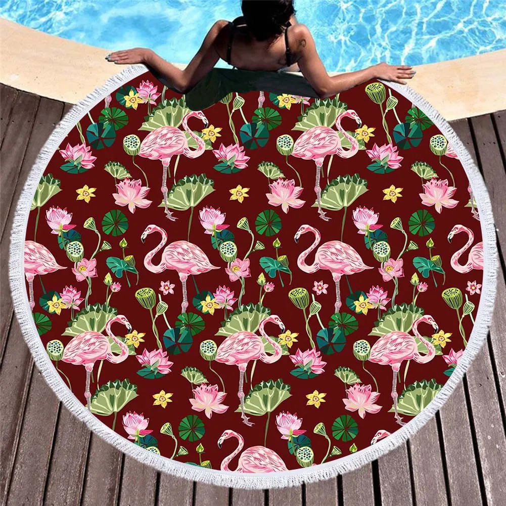 

2019 Europe And America 3D Digital Printing Flamingo Beach Towel Superfine Fibre Circle Tassels Beach Mat