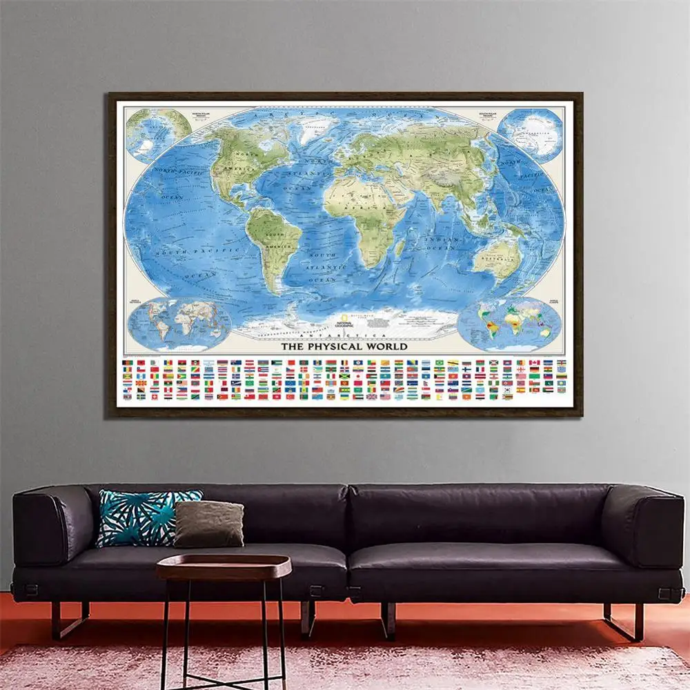 

The World Physical Map With World Tectonics And Climate Non-woven World Map With National Flags 150X100cm