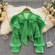 

2022 Spring Summer New Women Long Sleeve Layered Ruffles Blouse Tops Office Ladies Elegant Bow Tie Chiffon Shirts and Blouses