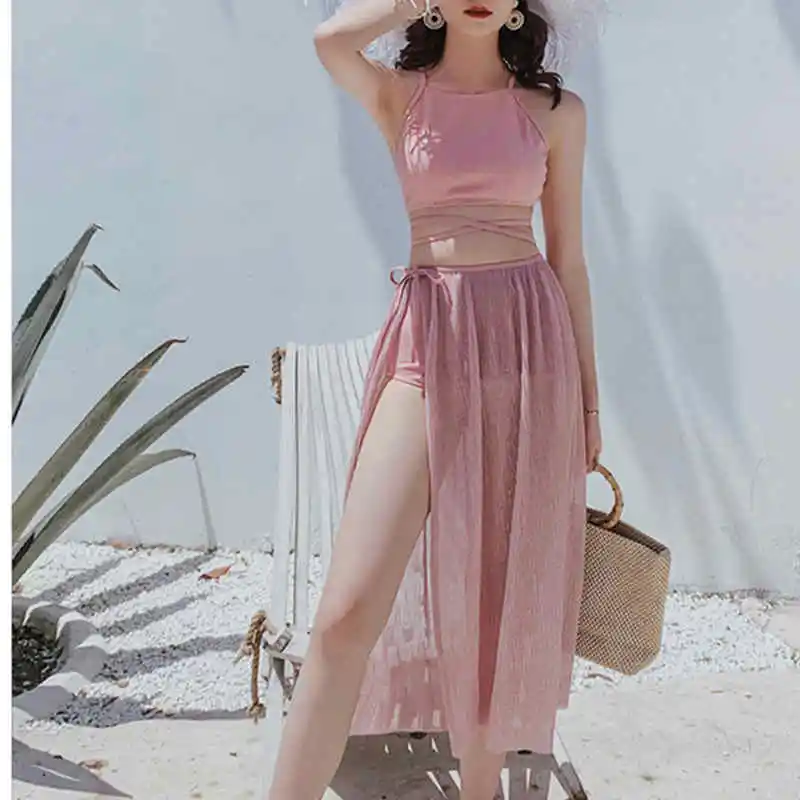 

Split swimsuit ladies three-piece high waist cover belly slimming beach skirt super fairy 2020 new Korean sexy