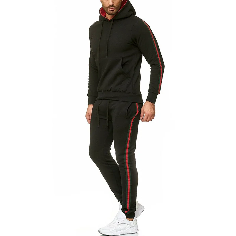2 шт., осенне-зимний спортивный костюм для бега, Мужская толстовка, спортивный комплект с капюшоном, спортивная одежда, мужской спортивный костюм, тренировочный костюм, спортивная одежда - Цвет: Black and red