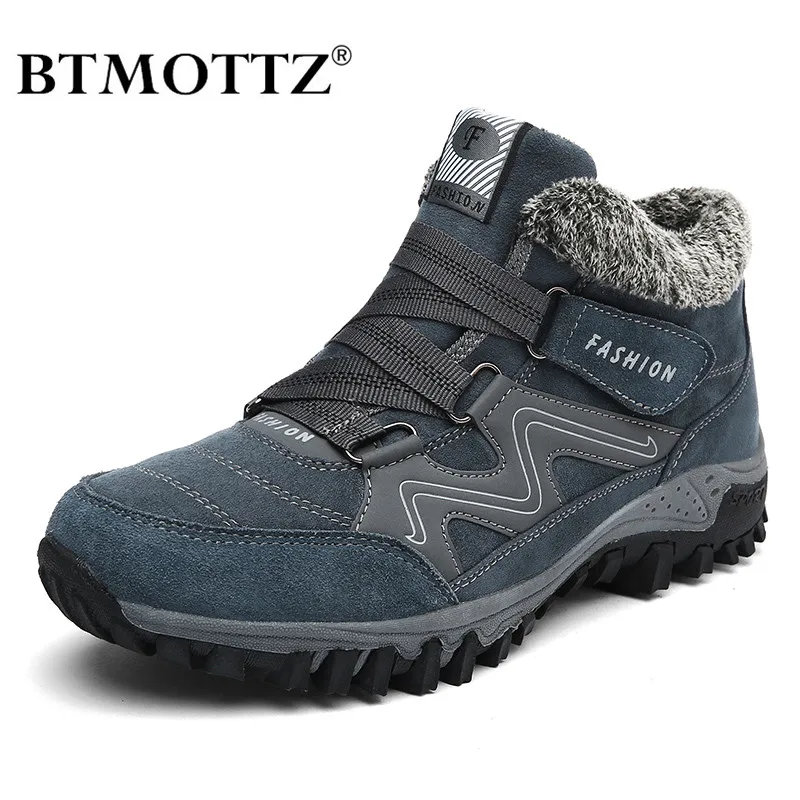 Cena Skórzane buty męskie z futra 2019 czarny ciepłe buty na śnieg mężczyźni zima pracy buty w stylu casual trampki za kostkę gumowe botki BTMOTTZ