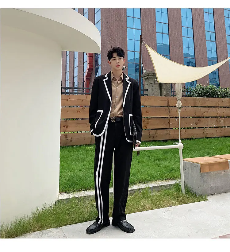 Male Street Clothes Hip Hop Stripe Splicing Casual Tuxedo Blazer Suit Jacket Pants Warm Clothes 2 Pieces Suits Sets Hombres