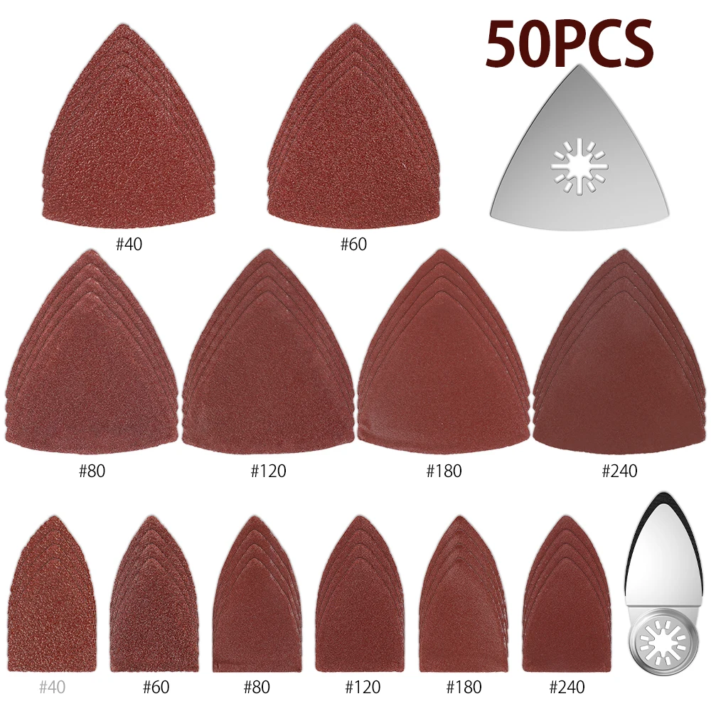 

50pcs Sand Paper Mixed Triangl Sand Discs Hook and Loop Sandpaper Fit Oscillating Multi Tool Sanding Pad Power Tool Accessories