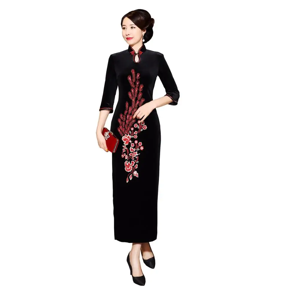 Шанхай история бархат Cheongsam китайское платье вышивка Qipao длинное