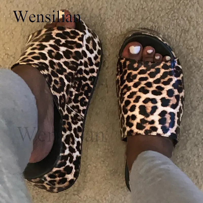 leopard platform slip on sandals
