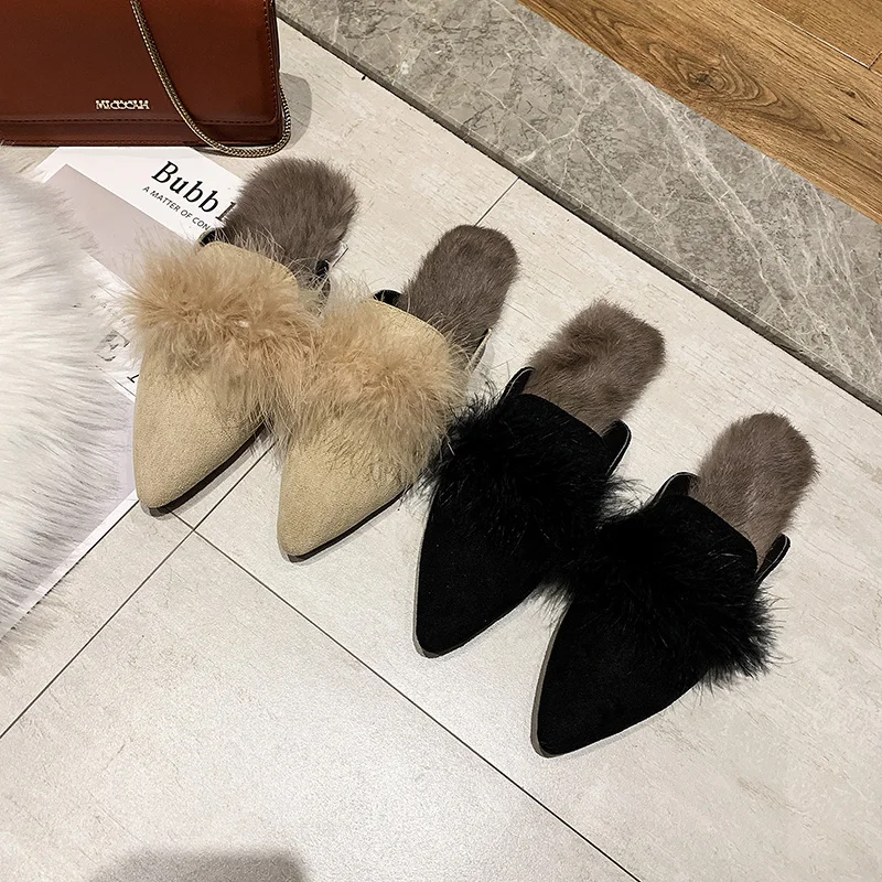

Square heel Shoes Low Pointed Toe Slippers Fur Luxury Slides Flock Shose Women Block Plush Designer 2019 Flat Fashion Basic