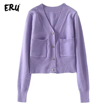 

ERU double pockets crop cardigan women winter v neck long sleeve sweaters pull femme casual ladies cropped cardigans jumper