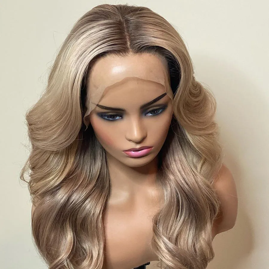 

Ombre Blonde Human Hair Transparent Lace Wig Body Wave Lace Front Wigs 13*4 T-Part Lace Ash Bonde Wig With Dark Roots