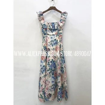 

Women's Linen Print Long Dress Square Collar Sleeveless High-quality Casual Floral Dress Same Color Headdress Two-piece