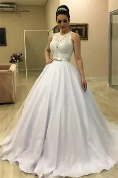 

Plus Size Lace Wedding Dresses 2020 A-Line Button Back Sweep Train Bridal Gowns Bride Dress Vestido De Noiva Cheap