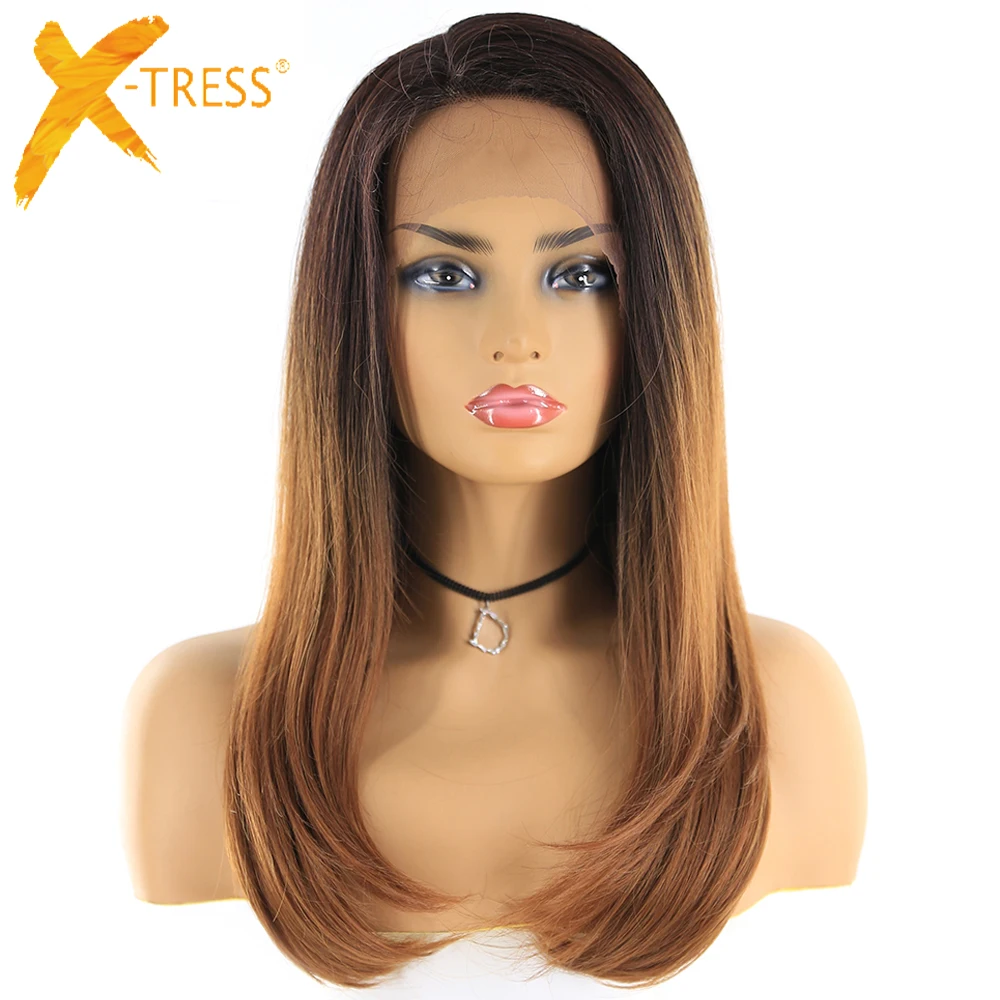 

X-TRESS Synthetic Lace Front Wigs With Baby Hair Heat Resistant Fiber Hairpiece Brown Ombre Color Straight Lace Wig Free Parting
