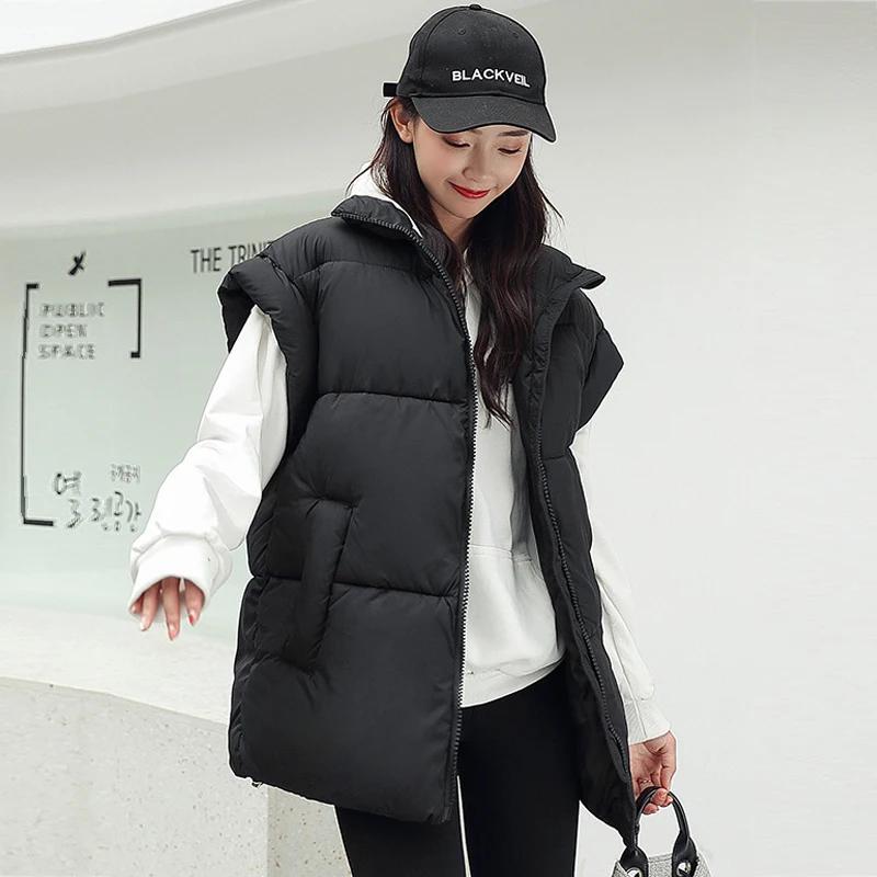 Winter Women Vest Warm Thick Down Padded Sleeveless Jacket Female Solid Loose Puffer Waistcoat Korean Fashion Stand Collar | Женская
