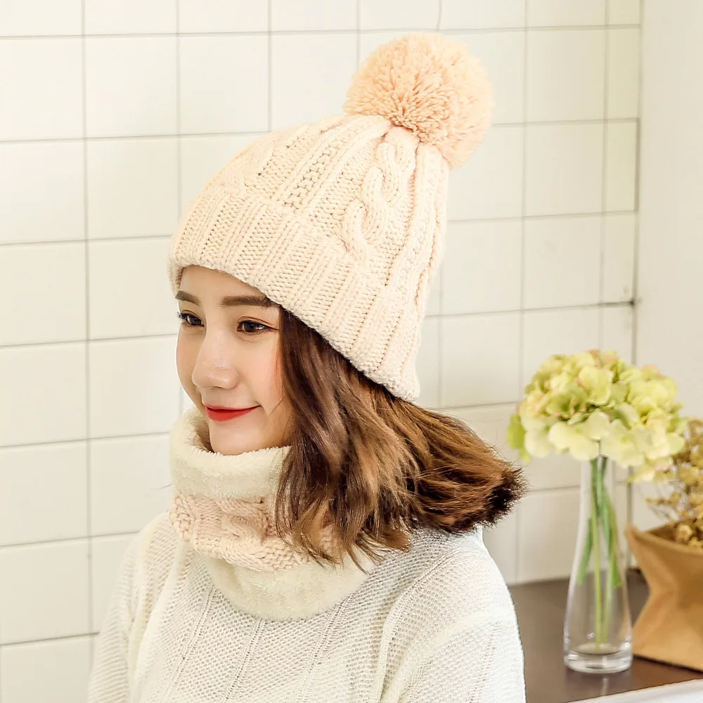 Pompom Fur Letter Embroidery Women Headgear Winter Neck Warmer Earmuffs Knitted Ladies Beanie Hat+Scarf Sets Outdoor Ski Gorro