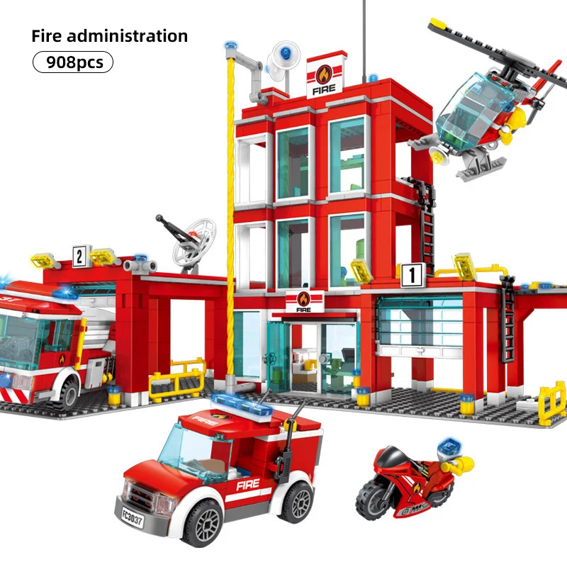 908pcs Fire Administration Model Building Blocks For Legoing City Construction Firefighter Truck Enlighten Bricks Toys Children