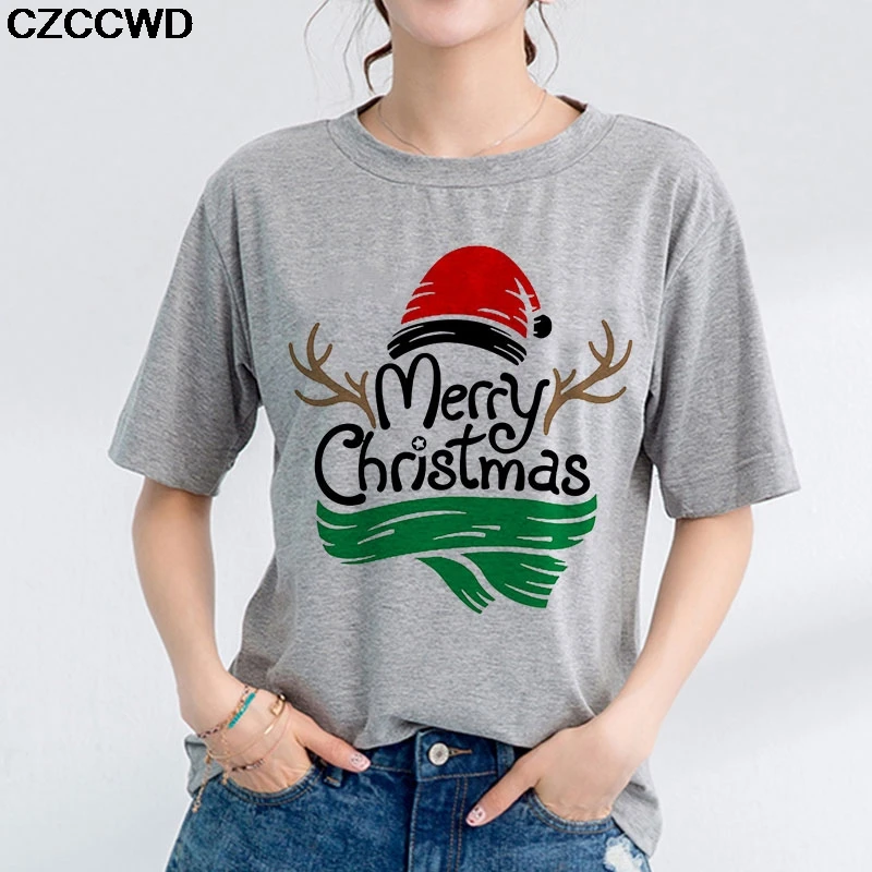 Женская одежда винтажная серая футболка с принтом Merry Christmas повседневные топы в