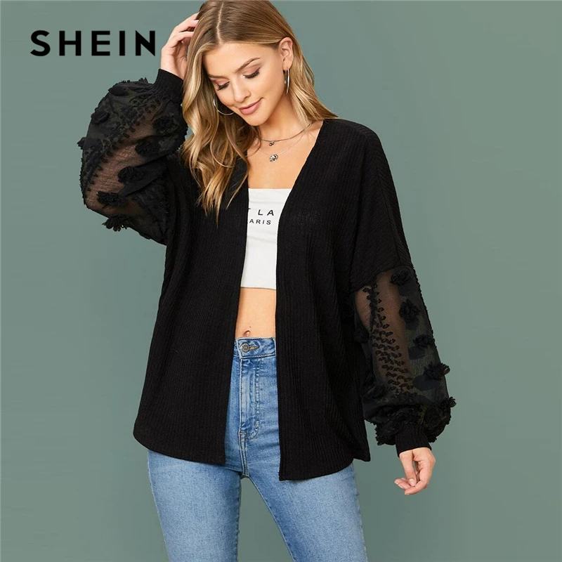 price cut  SHEIN Black Swiss Dot Mesh Lantern Sleeve Rib-knit Coat Oversized Top Women 2020 Autumn Office Lady
