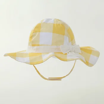 

Summer Hat Girl Sun Beach Bucket Hats Big Brim Yellow Bow Plaid Cotton Holiday Kid Outdoor Fishing Swimming Accessory For Baby