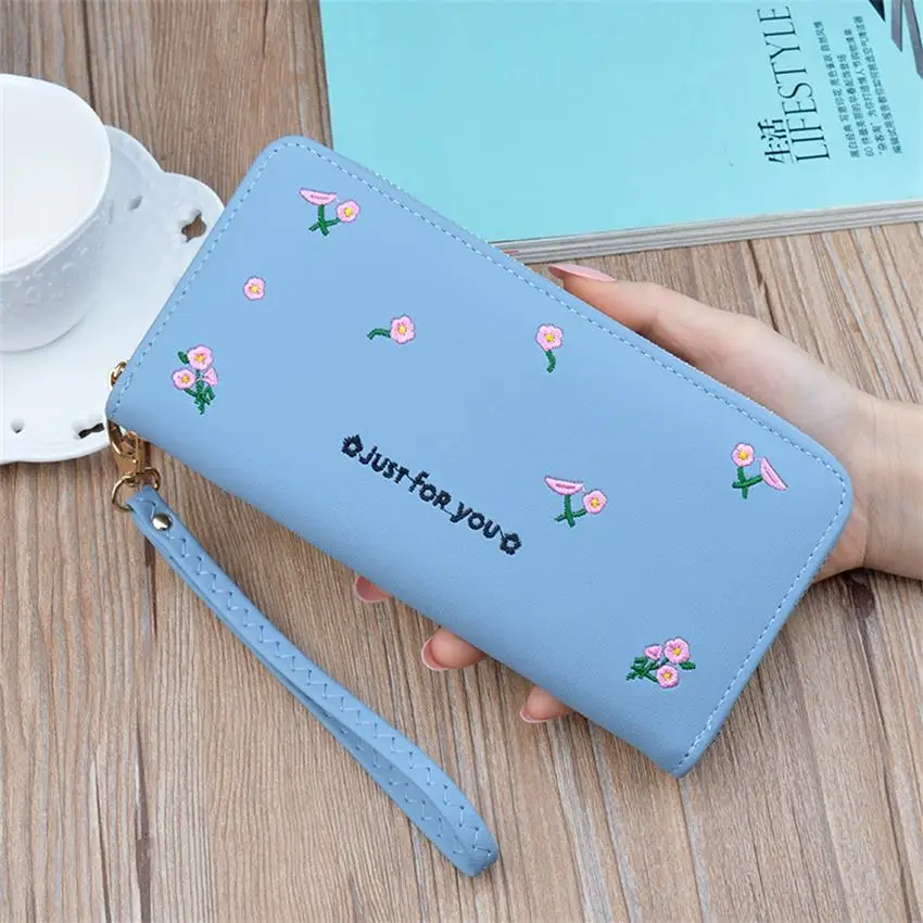 Blue Кошелек из искусственной кожи женские длинные кошельки женские модные вышитые кошельки большая емкость сумка-клатч для монет кошелек Carteras de mujer - Цвет: Blue