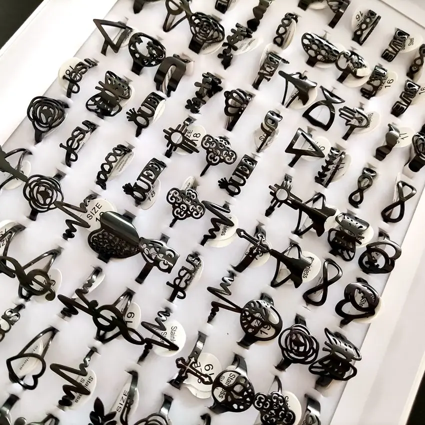 Bulk lots 25pcs 16-20mm Mix Laser Cut Ring Women's Mix Colors  stainless Steel Party Ring Trendy Jewelry 3