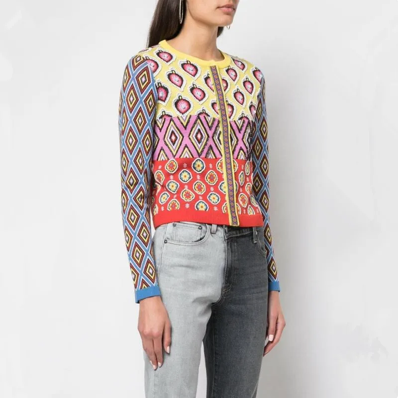 COLOREE Vintage Women's Cardigan Brand Designer Contrast Geometric Heart Round Neck Sweater Single Breasted Knit Cardigan