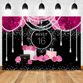 

Sweet 16th Birthday Backdrop Red rose Luxury jewelry perfume shining background for photo Pearl tassel photography backdrops