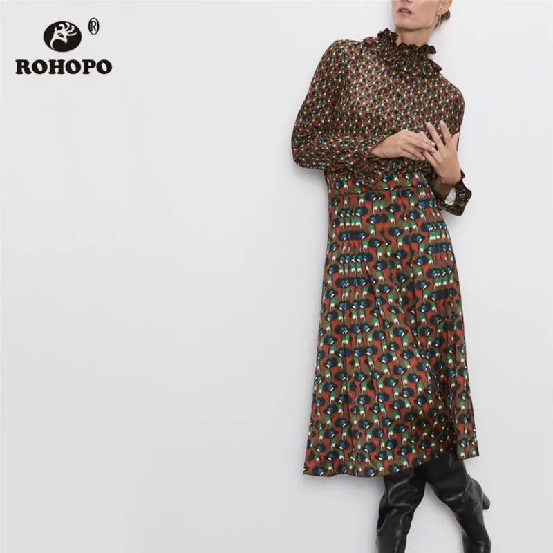 

ROHOPO Long Sleeve Flared Cuff Floral Blouse Overlocked Neckline High Collar Buttons Fly Retro Tops Blusa Shirt #9716