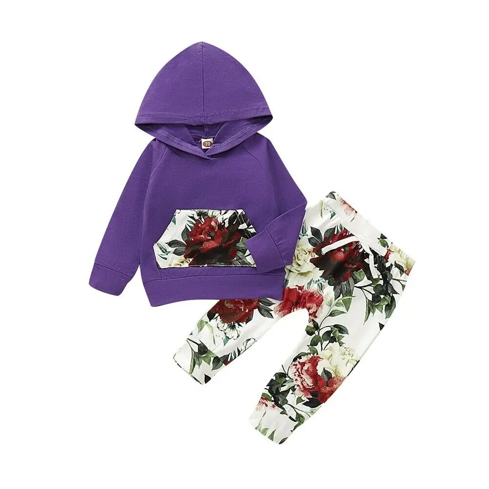 Autumn Newborn Baby Boy Girl Long Sleeve Hooded Tops Floral Long Pant Trouser 2PCS Outfits Baby Clothing Set - Цвет: Фиолетовый