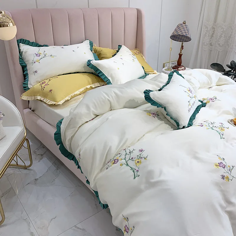 2019 новый продукт 4 шт комплект постельного белья с цветами tencel постельное белье розовый синий постельное белье пододеяльник набор