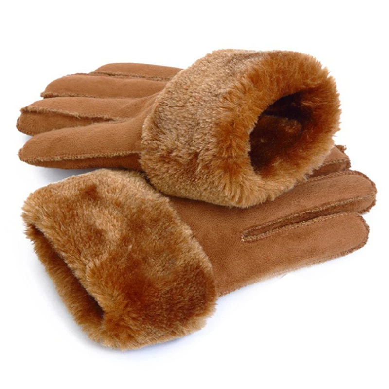 1Pair Khaki Women Winter Mittens Glove Fashion Warm Trim Fur Leather Gloves Christmas Gift