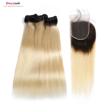 

Envy Look 100% human hair ombre 1b 613/blonded straight hair 3 bundles with 4*4 lace closure Non-remy swiss lace for salon