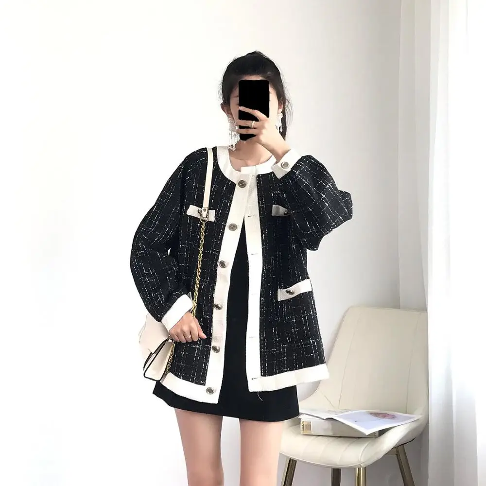 WHITNEY WANG Осенняя мода уличная цвета контрастный твидовый в клетку куртка пальто Женская стильная верхняя одежда